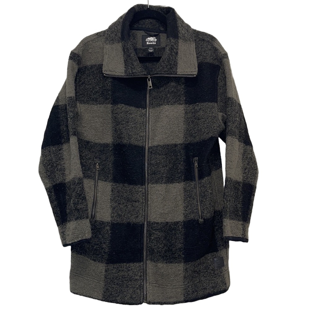 Roots Green Buffalo Check Plaid Wool Full Zipper High Neck Shacket Coat Size M